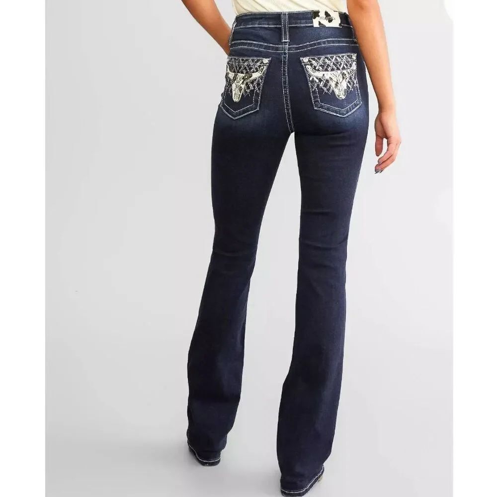 Miss Me Jeans Women's 29 Blue High Rise Stretch Boot Rhinestone Longhorn Cattle